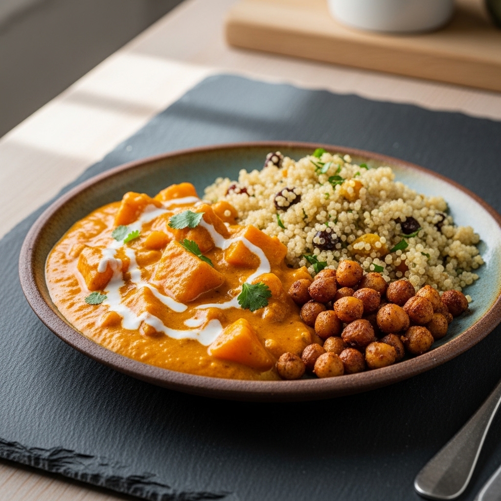 Creamy Vegan Butternut Squash Curry with Quinoa Pilaf and Spiced Chickpeas