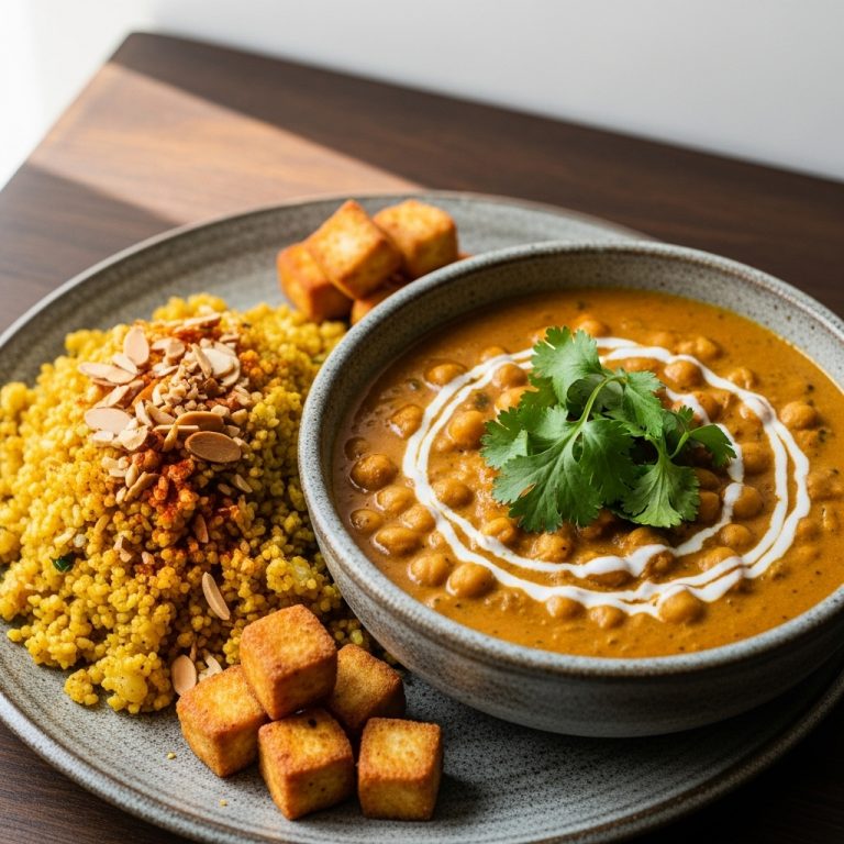 Creamy Vegan Chickpea Curry with Spiced Cauliflower Rice and Crispy Tofu Bites