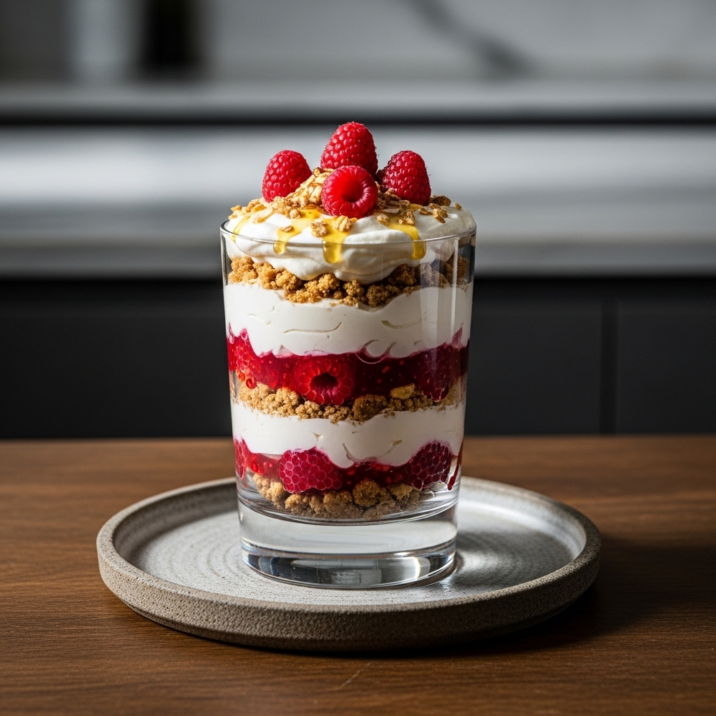 Creamy Vegan Cranachan Trifle with Raspberry Jelly and Oat Shortbread Layers