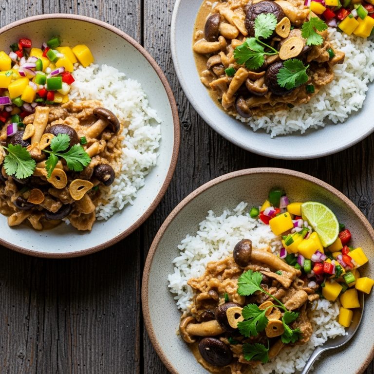 Creamy Vegan Filipino Mushroom Adobo Rice Bowls with Mango Salsa