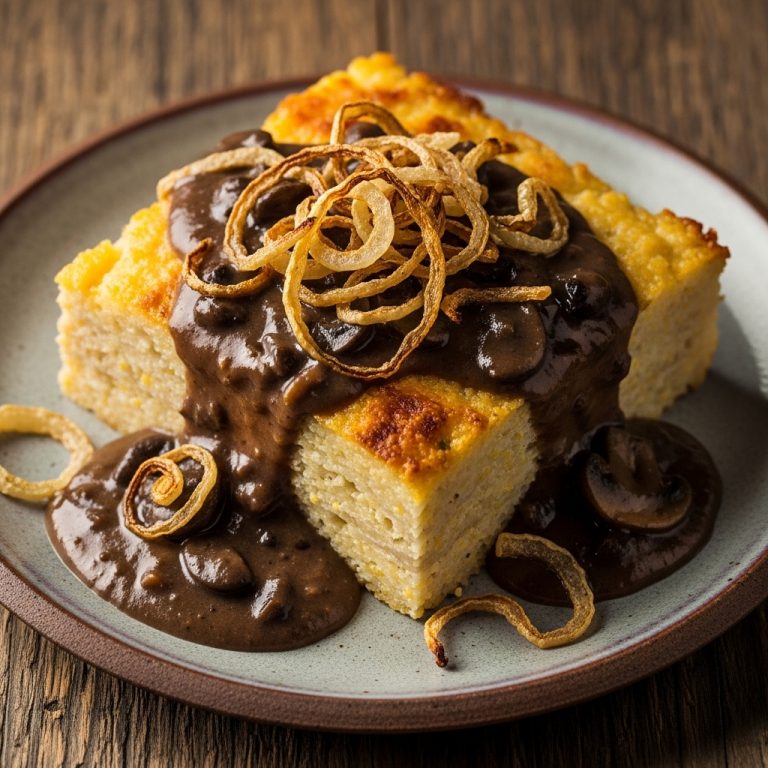 Creamy Vegan Grits Casserole with Mushroom Gravy and Crispy Onion Topping