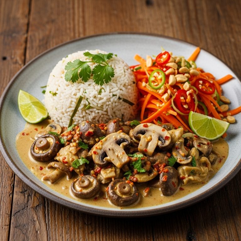 Creamy Vegan Mushroom Curry with Lemongrass Rice and Spicy Carrot Salad