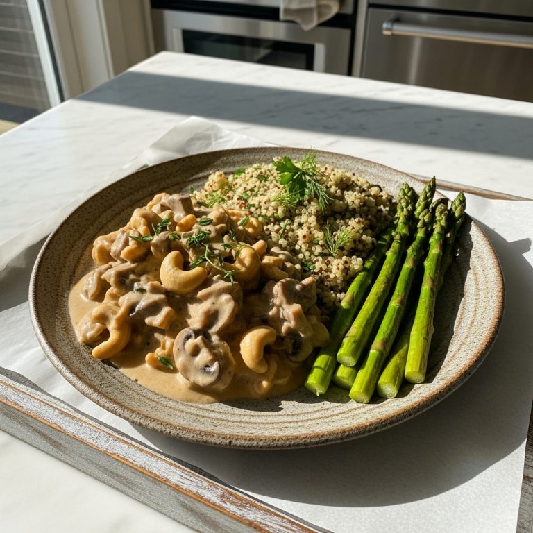 Creamy Vegan Mushroom Stroganoff with Herbed Quinoa & Roasted Asparagus