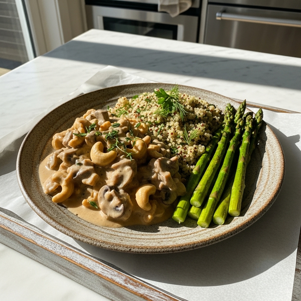 Creamy Vegan Mushroom Stroganoff with Herbed Quinoa & Roasted Asparagus