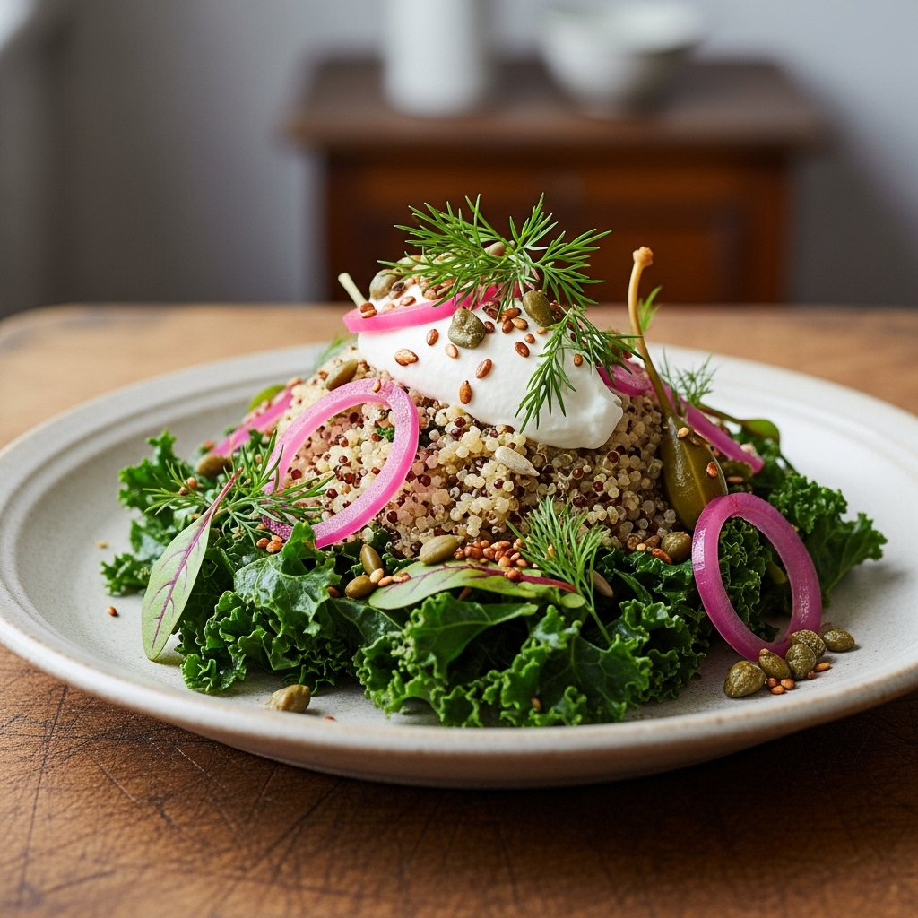 Creamy Vegan Nordic Brunch Bowl with Quinoa and Kale