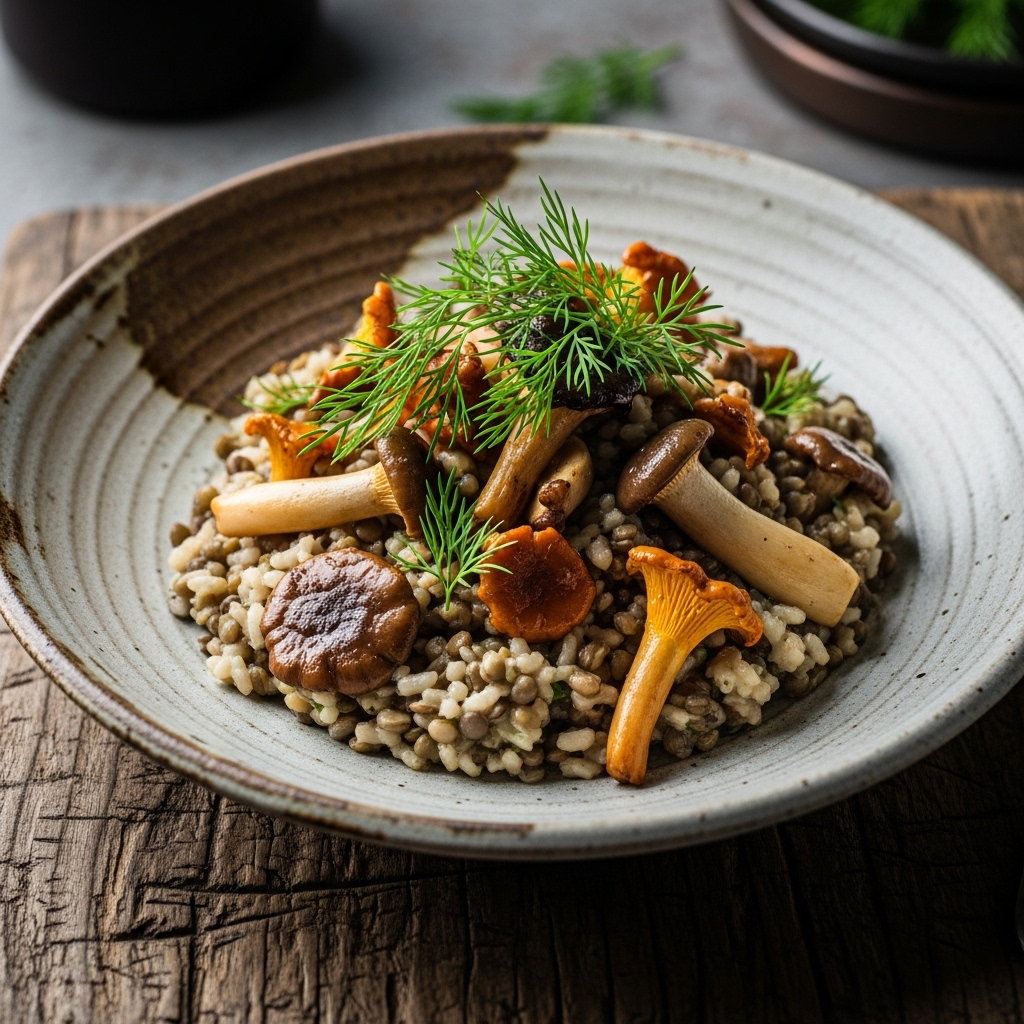 “Creamy Vegan Nordic Lentil Risotto with Wild Mushrooms and Dill”