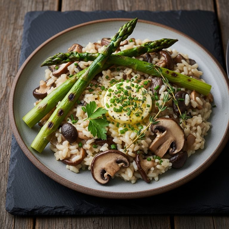 “Creamy Wild Mushroom Risotto with Herb-infused Butter and Grilled Asparagus”