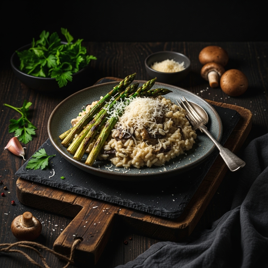 Creamy Wild Mushroom Risotto with Roasted Asparagus and Vegan Parmesan