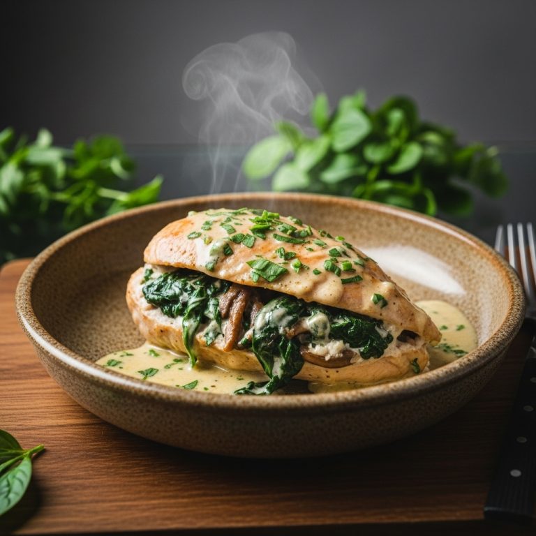 Creamy Wild Mushroom and Spinach Stuffed Chicken Breast with Herb Butter Sauce (Vegetarian Option Available)