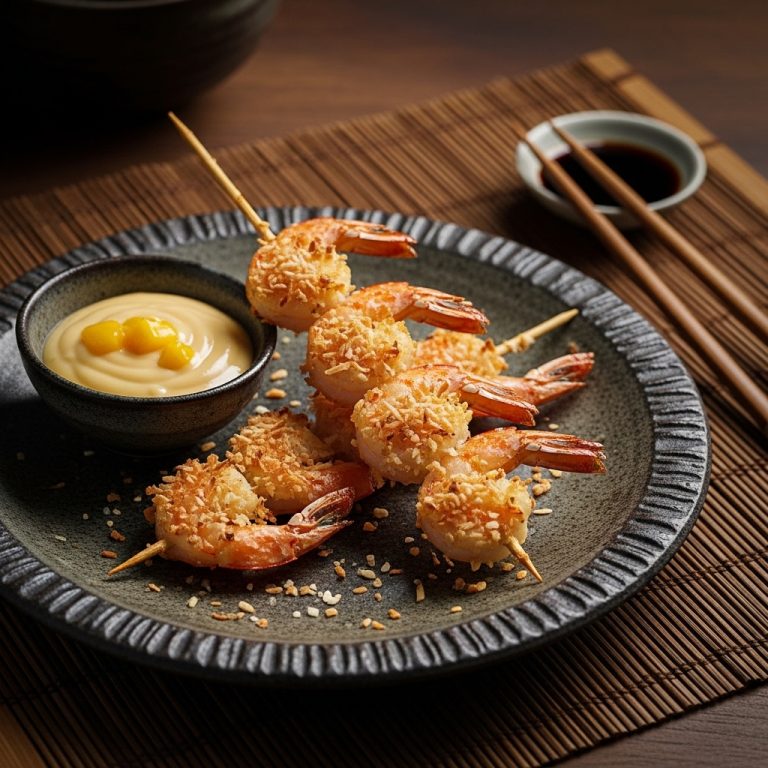Crispy Baked Coconut Shrimp Skewers with Mango Dipping Sauce