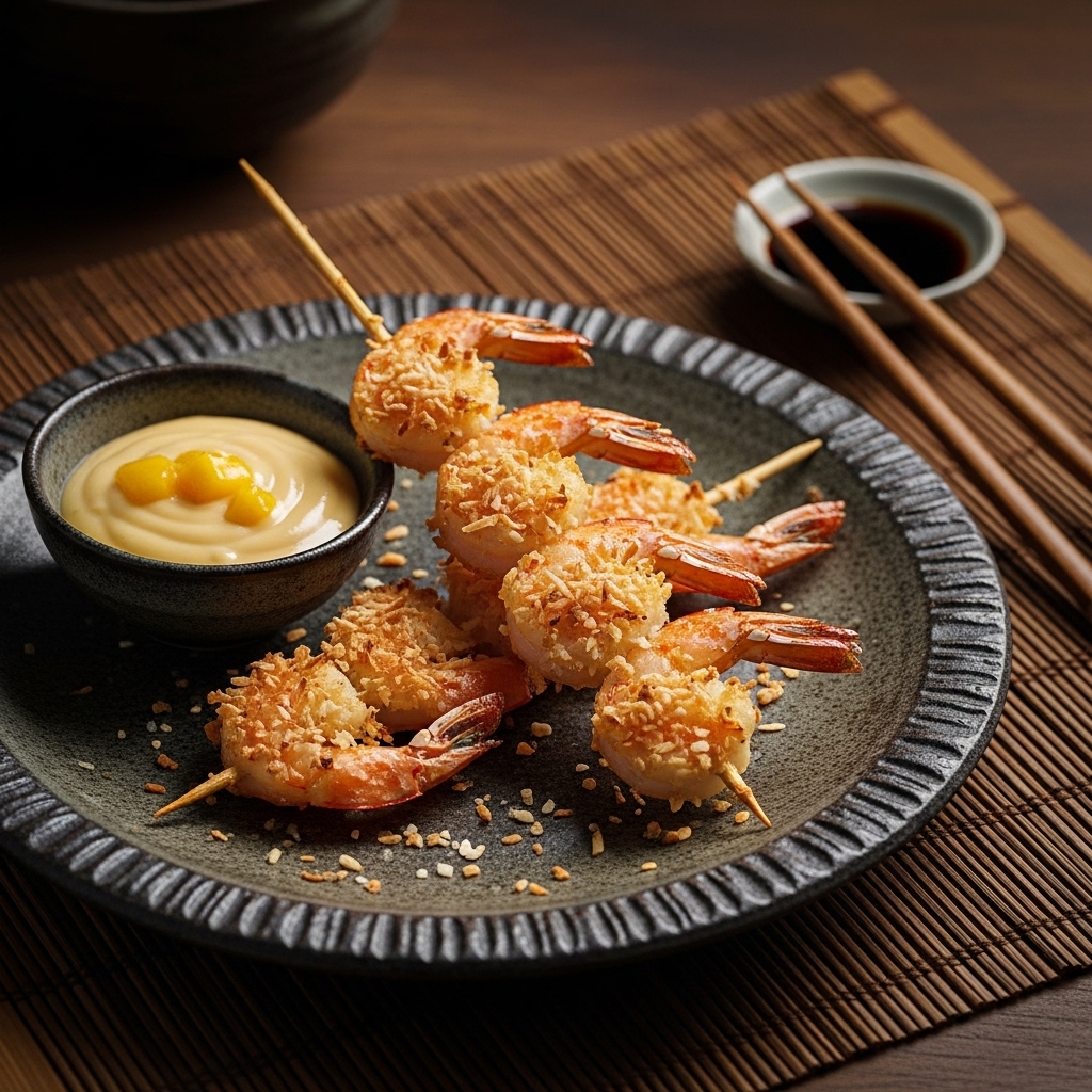 Crispy Baked Coconut Shrimp Skewers with Mango Dipping Sauce