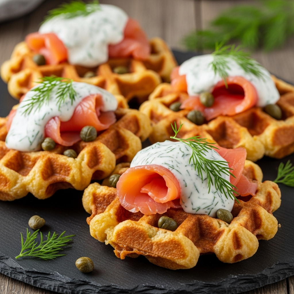 Crispy Cheddar Waffles with Smoked Salmon, Capers & Creamy Dill Sauce
