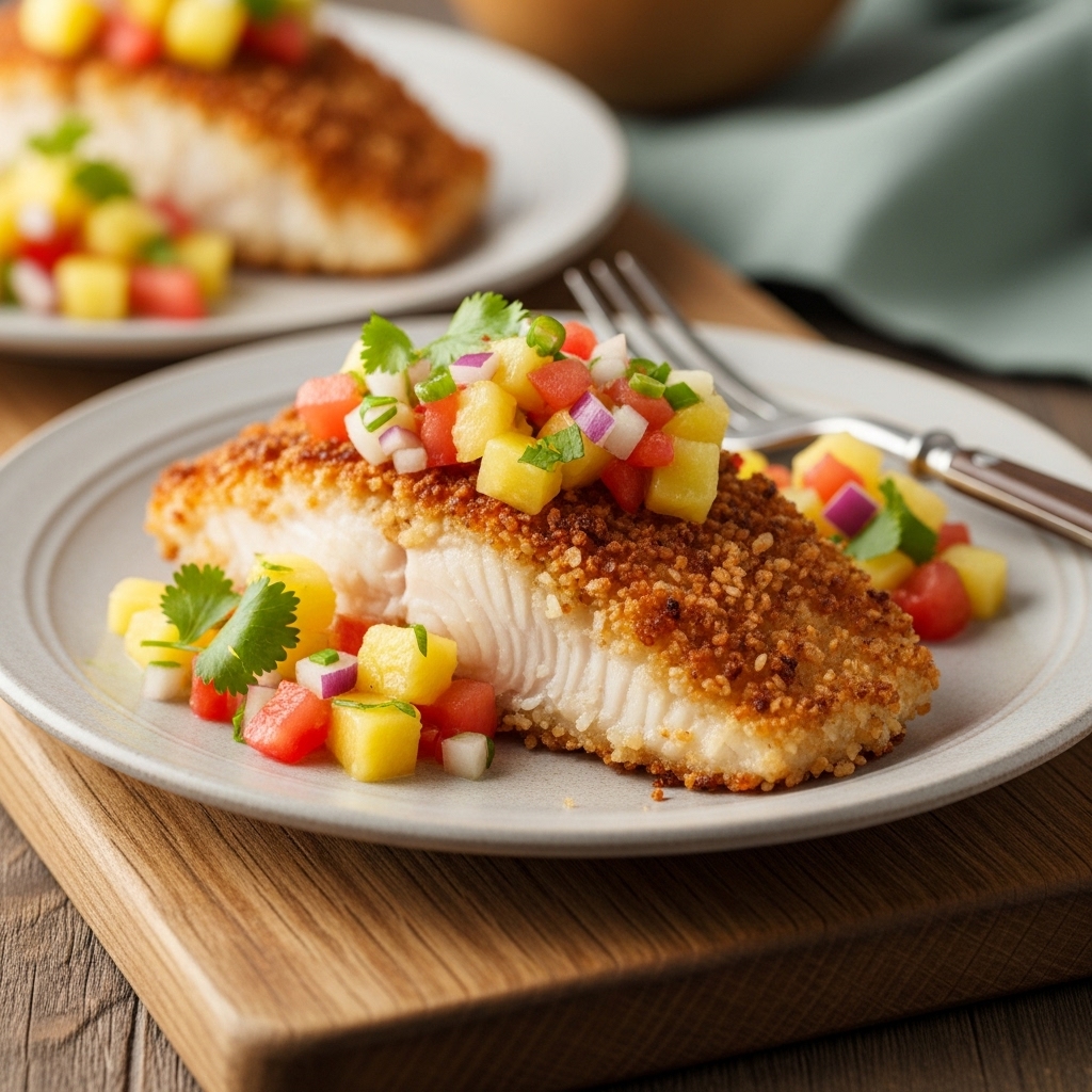 “Crispy Coconut Crusted Mahi-Mahi with Pineapple Salsa – A Tropical Polynesian Feast for Your Next Dinner Party!”