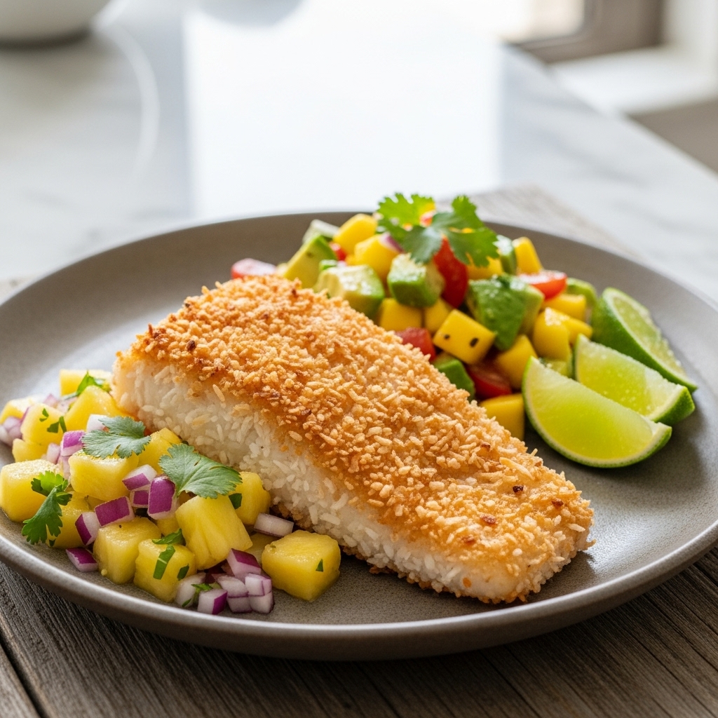 Crispy Coconut Crusted Mahi-Mahi with Pineapple Salsa and Mango Avocado Salad