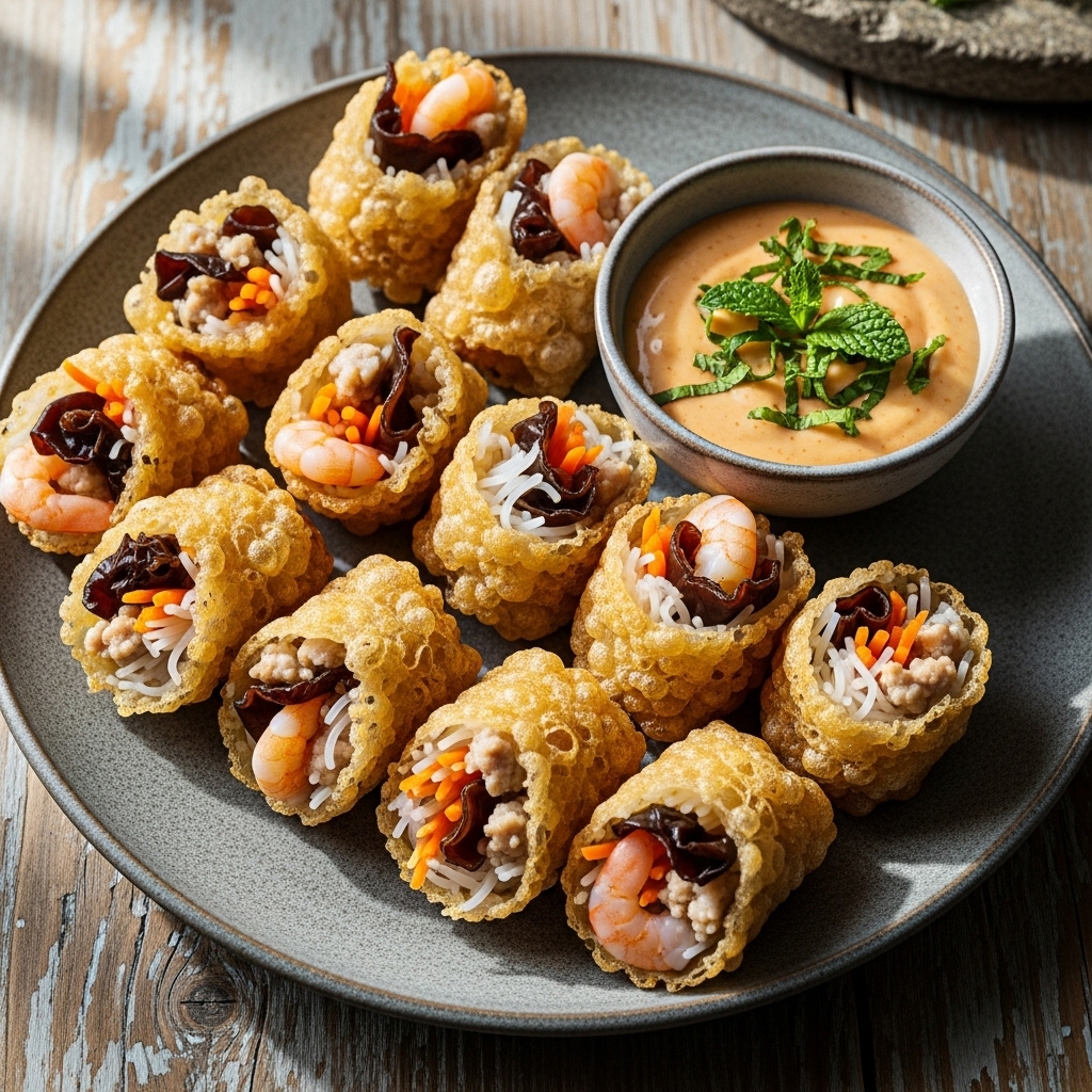 “Crispy Gluten-Free Vietnamese Spring Rolls with Mint & Shrimp Dipping Sauce”