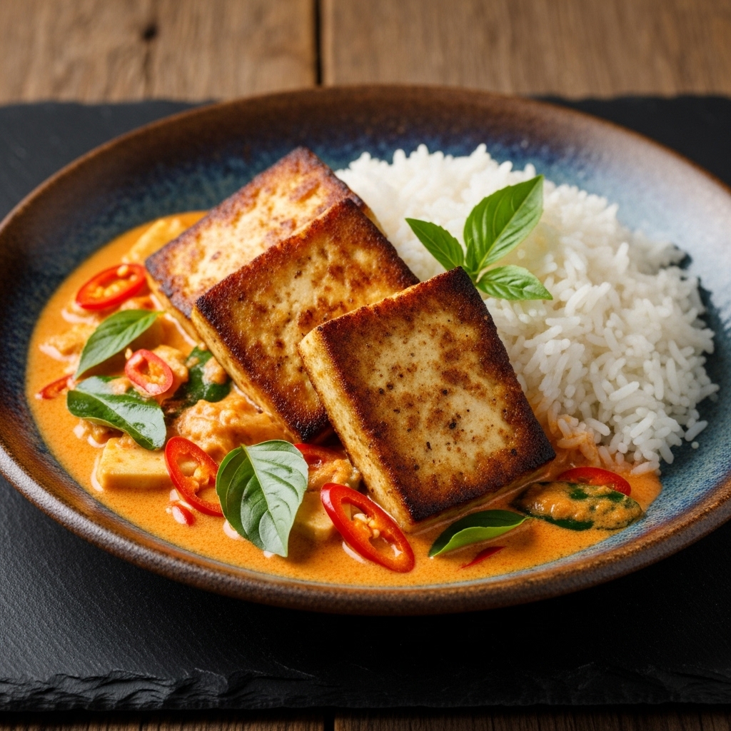 Crispy Pan-Fried Tofu With Creamy Thai Curry And Jasmine Rice (Vegan)