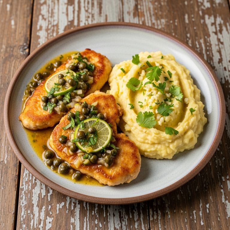 Cuban-Inspired Gluten-Free Chicken Piccata & Garlic Cilantro Mashed Plantains