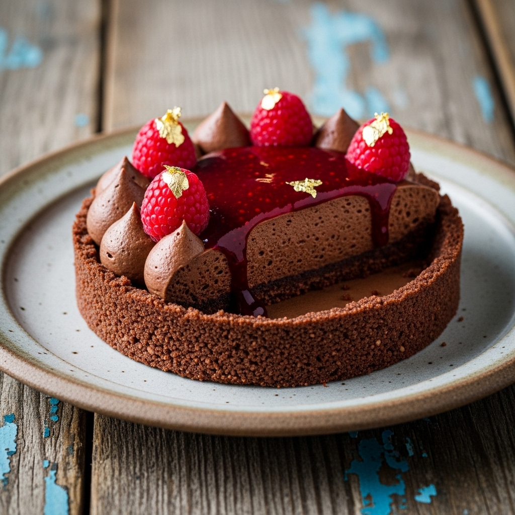 “Decadent Chocolate Mousse Tartlet with Raspberry Coulis & Edible Gold Leaves”