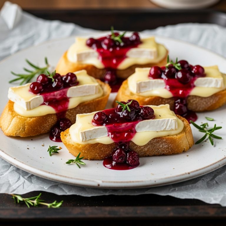 “Decadent French Snack: Brie Crostini with Cranberry Port Reduction”