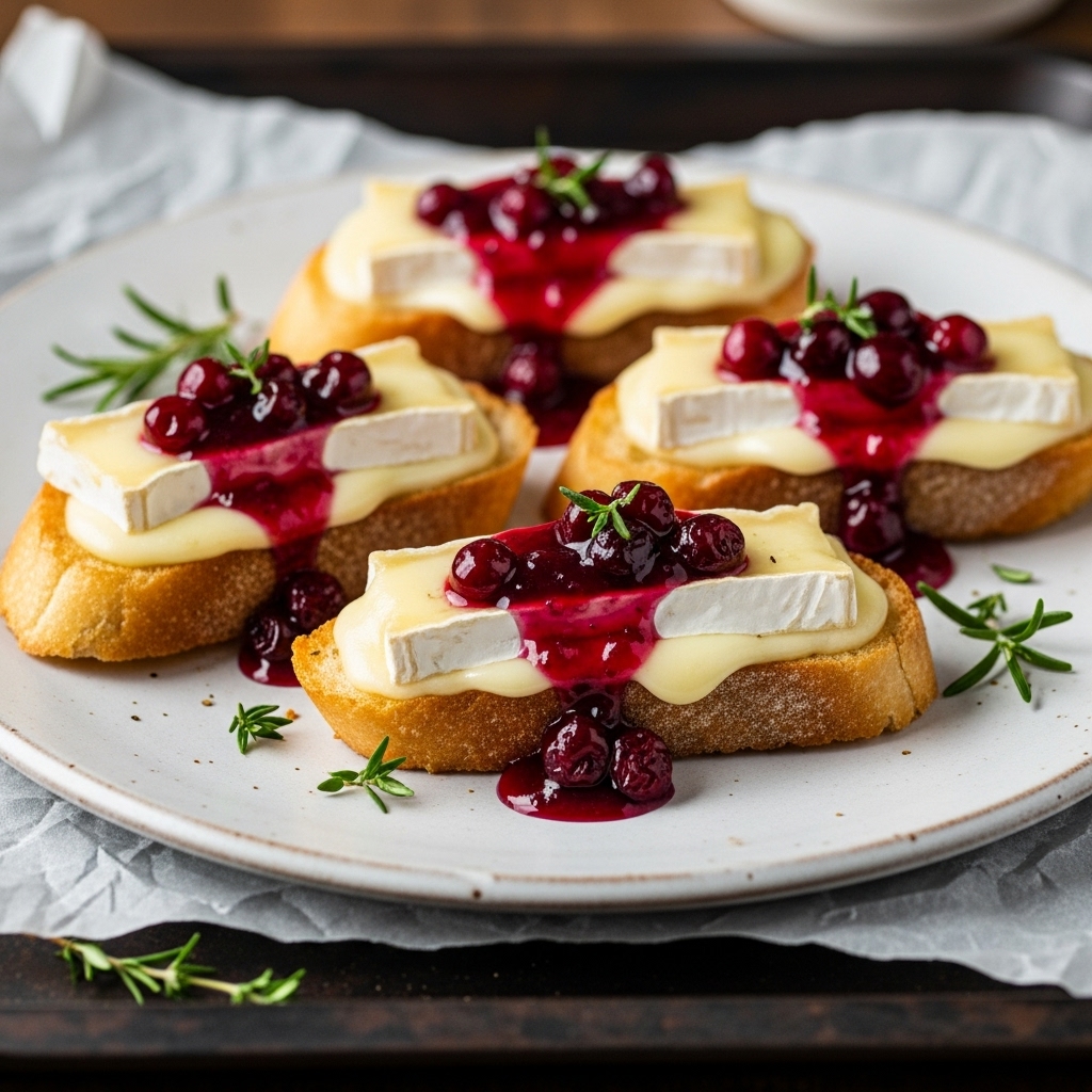 “Decadent French Snack: Brie Crostini with Cranberry Port Reduction”