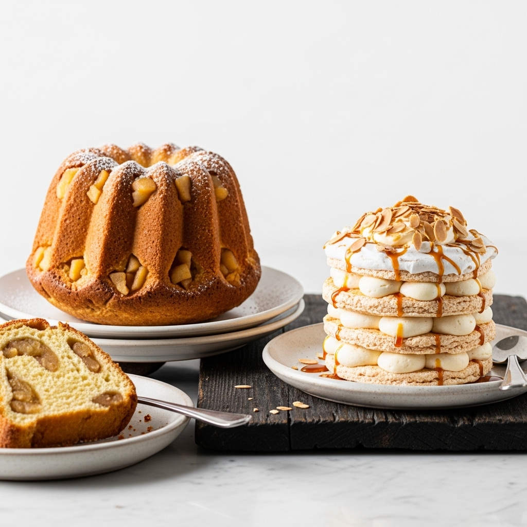 Decadent German-Inspired Brunch Sweet: Spiced Applesauce Kugelhopf and Almond Dacquoise Tower