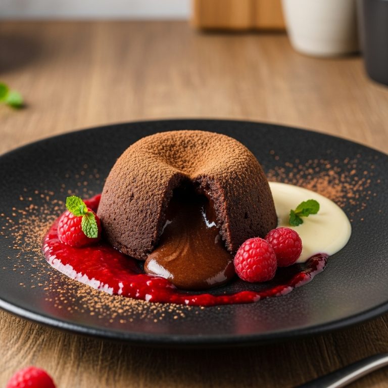 “Decadent Gluten-Free Chocolate Fondant with Raspberry Coulis & Creme Anglaise”