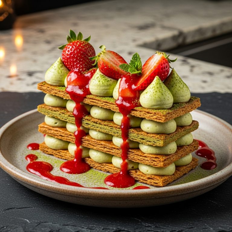 Decadent Gluten-Free Matcha Mille-Feuille with Strawberry Coulis