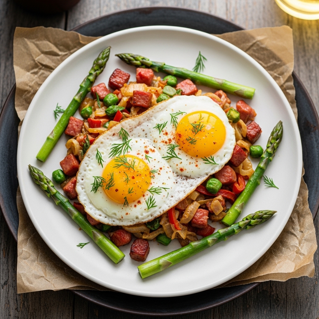 “Decadent Keto Polish Breakfast: Smoky Kielbasa Hash with Eggs and Creamy Asparagus”