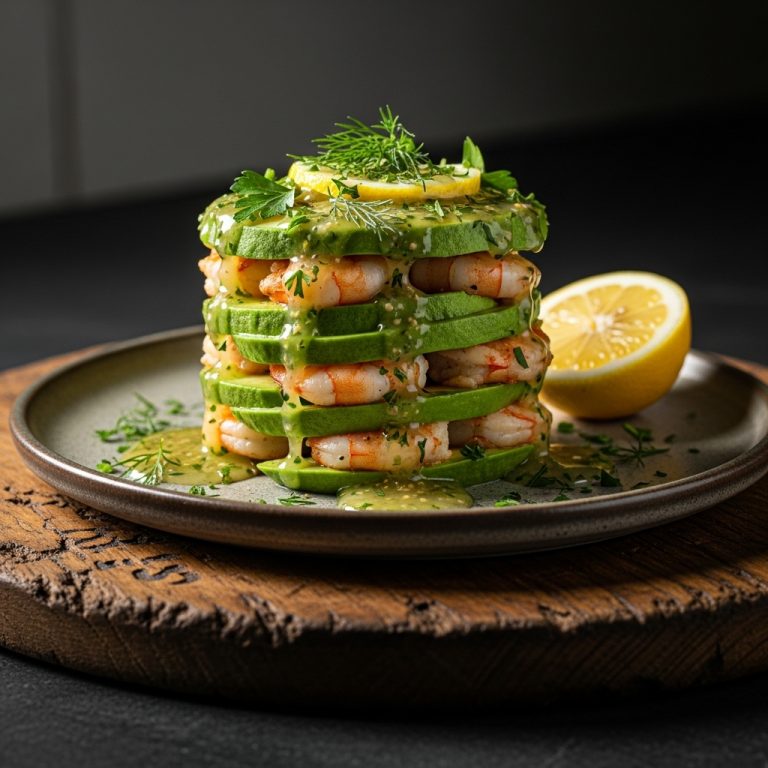 Delectable Australian Shrimp and Avocado Tower with Lemon Herb Sauce