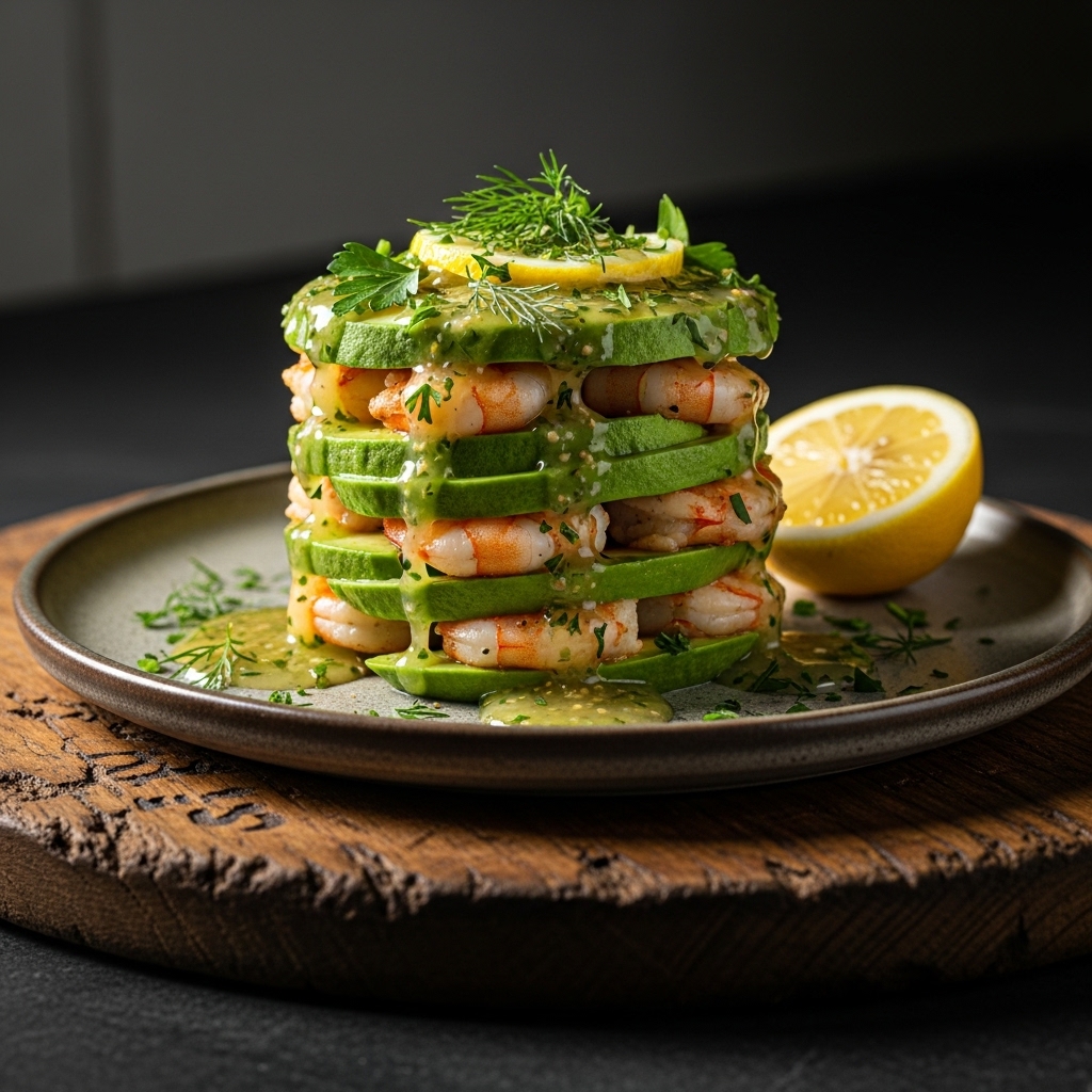 Delectable Australian Shrimp and Avocado Tower with Lemon Herb Sauce