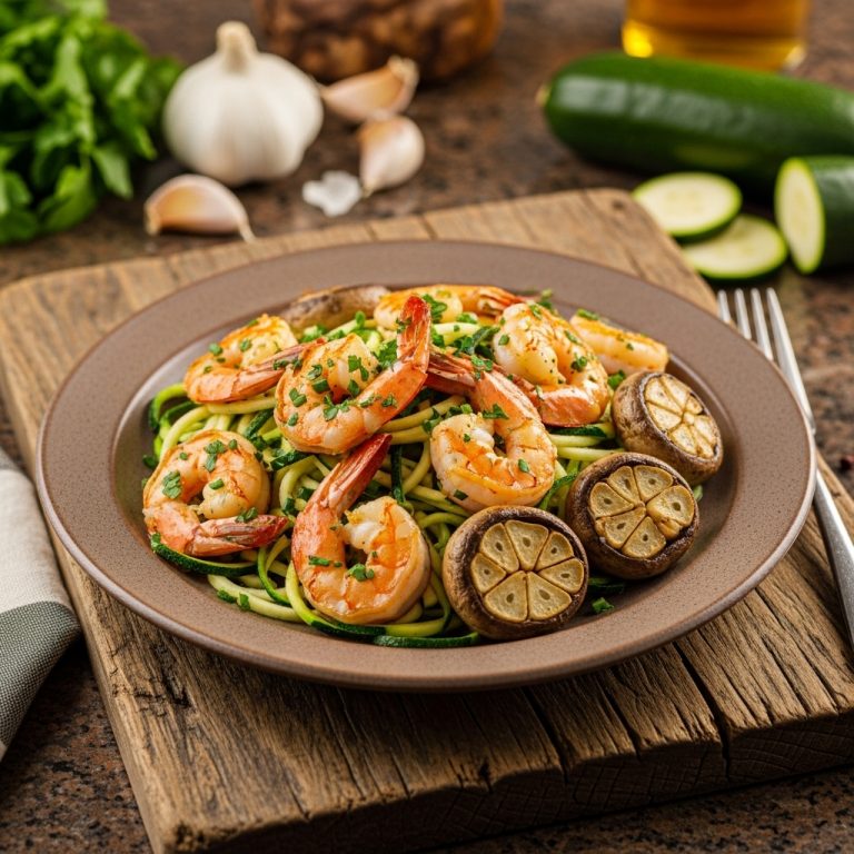 Delectable Cajun Keto Dinner: Baked Herbed Shrimp with Zucchini Noodles and Garlic Mushrooms