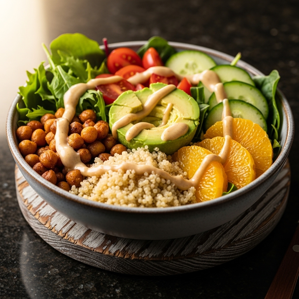 “Delectable Chickpea & Quinoa Power Bowl with Citrus-Avocado Dressing”