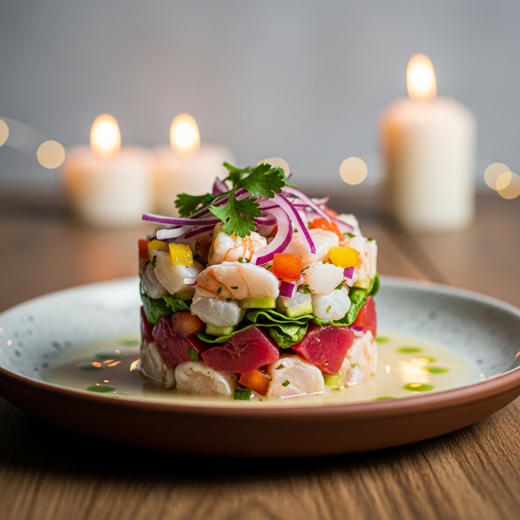 Delectable Chilean Seafood Ceviche Tower: A Zesty, Fresh, and Colorful Feast for the Eyes and Taste Buds!
