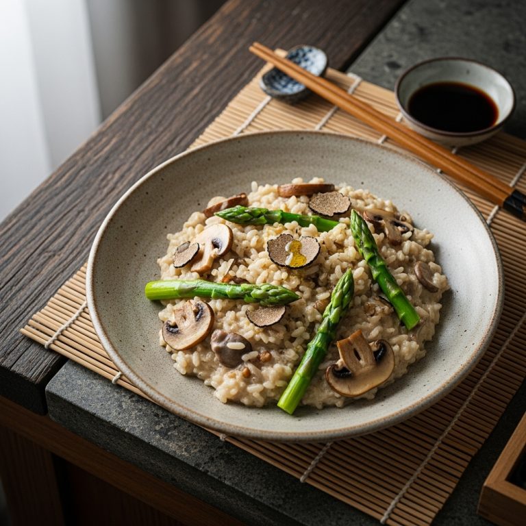 Delectable Creamy Mushroom Risotto with Truffle Oil & Asparagus Tips