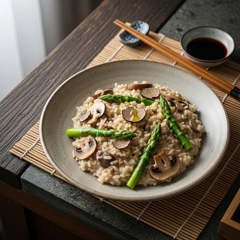 Delectable Creamy Mushroom Risotto with Truffle Oil & Asparagus Tips