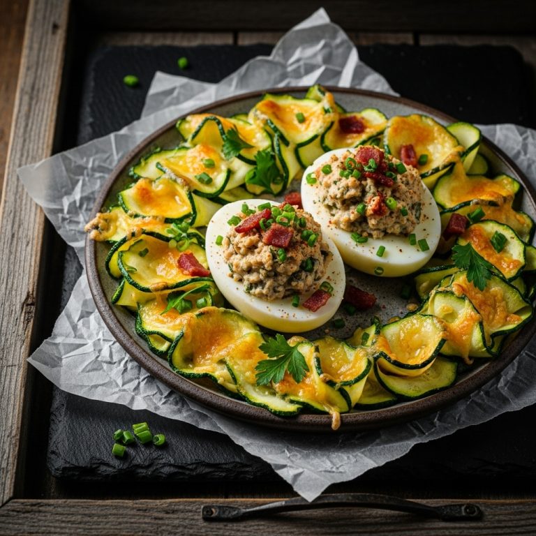 “Delectable Dutch Keto Brunch: Bacon & Herb Stuffed Eggs with Cheesy Zucchini Ribbons”