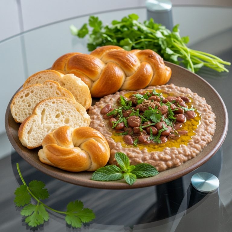Delectable Egyptian Vegetarian Breakfast Platter: Ful Medames & Zhanguene Bread