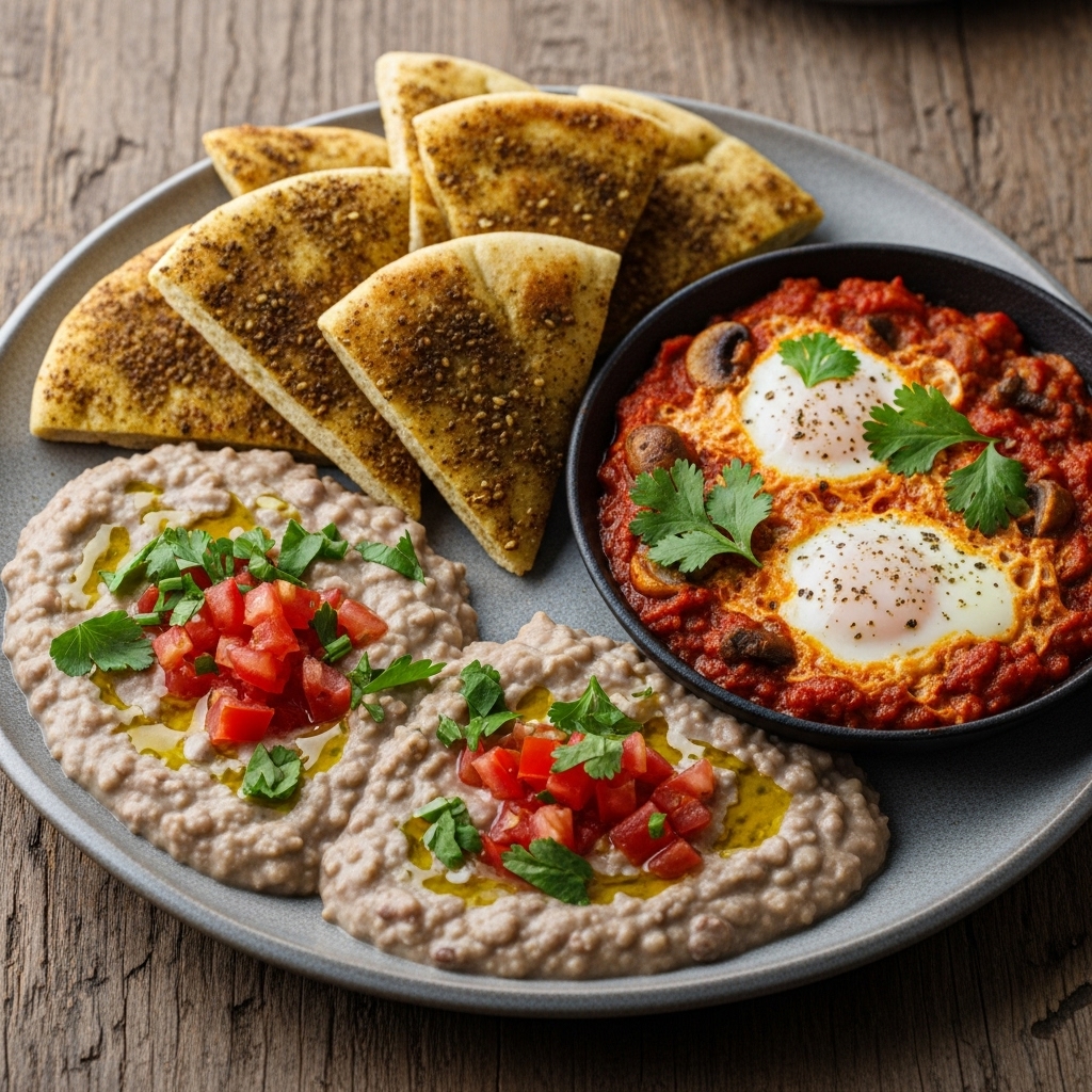 Delectable Egyptian Vegetarian Breakfast Platter: Ful Medames, Zatar Pita, & Spiced Mushroom Shakshuka
