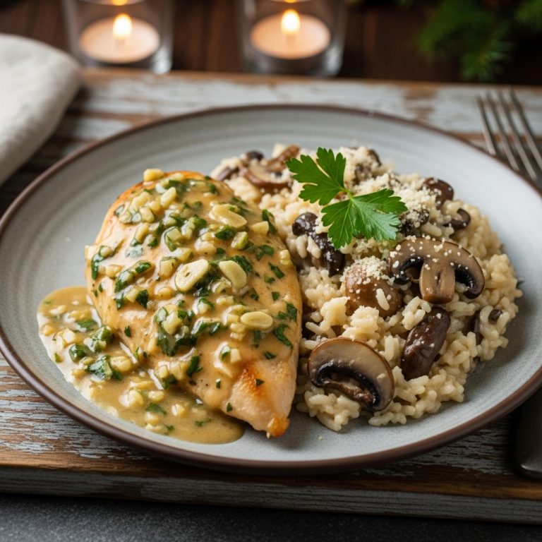 Delectable French Lunch: Creamy Herb Garlic Chicken with Mushroom Risotto