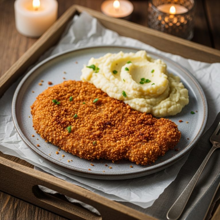Delectable German Keto Schnitzel with Creamy Garlic Mashed Cauliflower