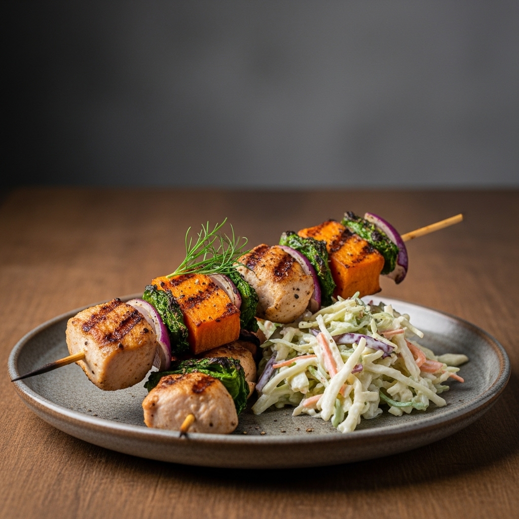 Delectable German Paleo Lunch: Mouthwatering Grilled Chicken and Herb Roasted Sweet Potato Skewers with Creamy Coleslaw