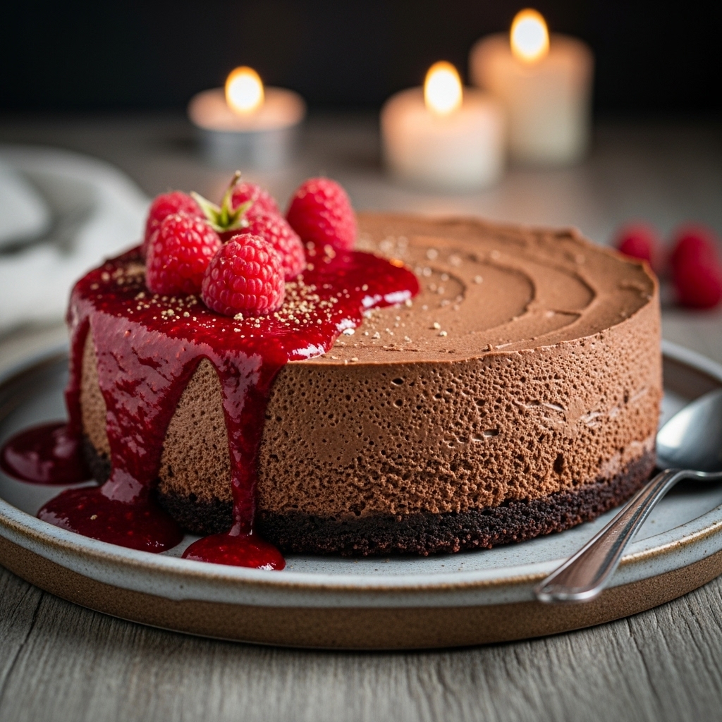 “Delectable Gluten-Free Chocolate Mousse Torte with Raspberry Coulis”