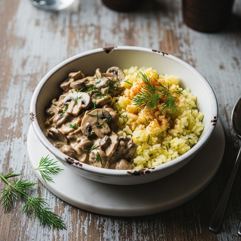 Delectable Gluten-Free Dutch Lunch: Creamy Mushroom Stroganoff with Zesty Lemon Rice