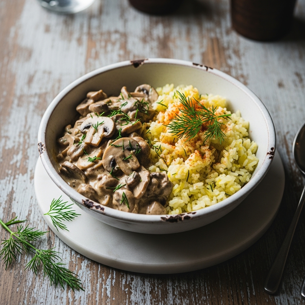 Delectable Gluten-Free Dutch Lunch: Creamy Mushroom Stroganoff with Zesty Lemon Rice
