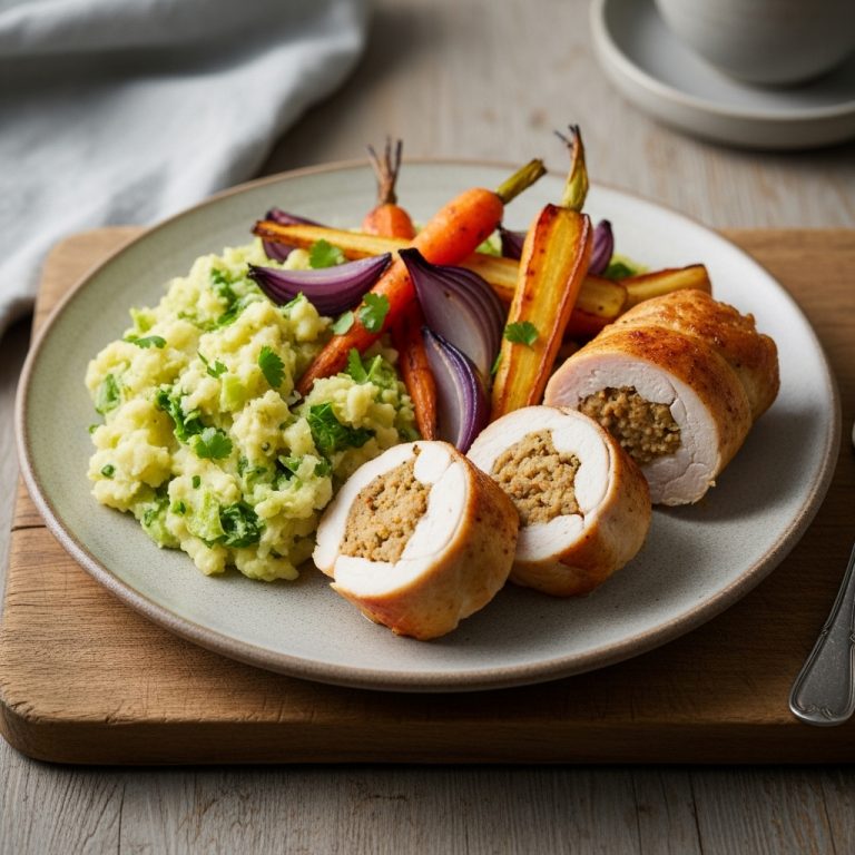 Delectable Gluten-Free Irish Lunch: Stuffed Chicken Rolls with Creamy Colcannon and Roasted Vegetables