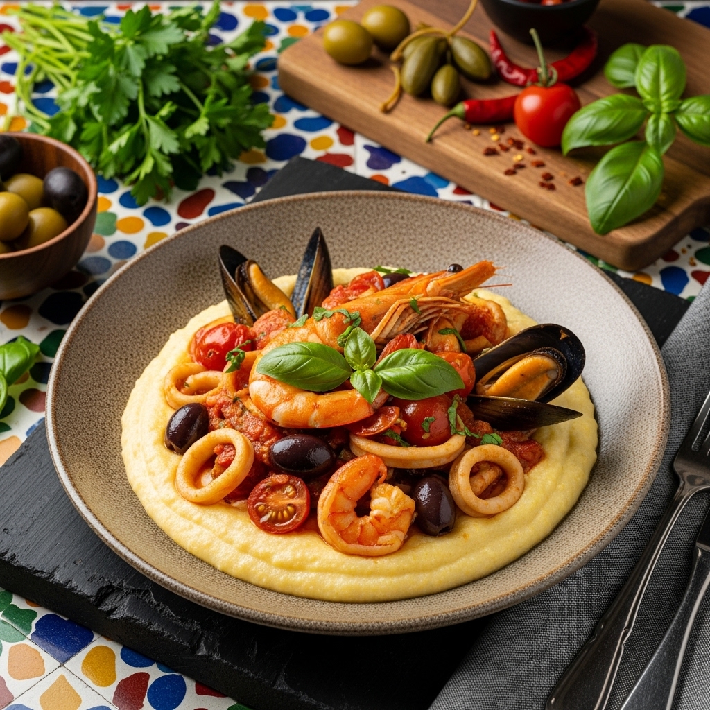 Delectable Gluten-Free Italian Seafood Puttanesca with Creamy Polenta