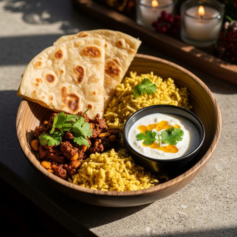 Delectable Gluten-Free Pakistani Breakfast Bowl: Aromatic Shakarpara, Fluffy Paratha & Creamy Curd