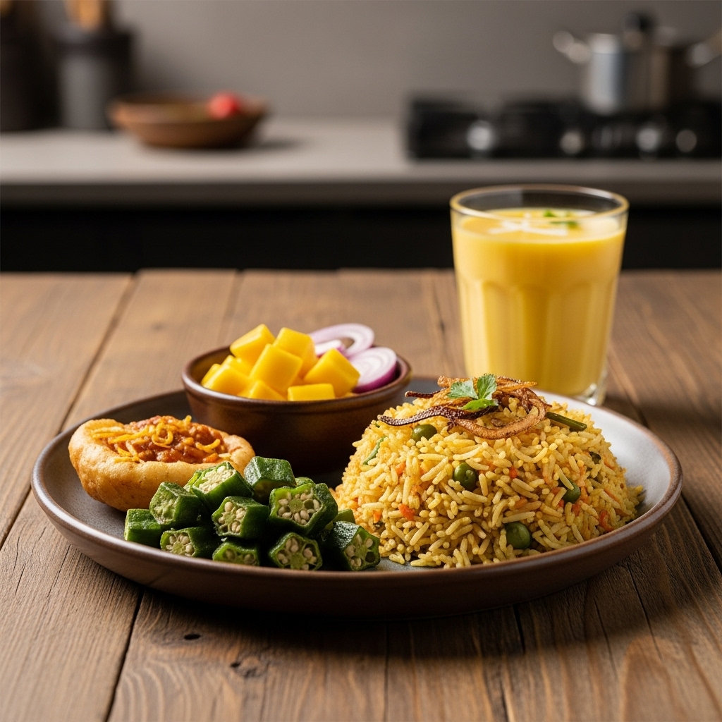 Delectable Gluten-Free Pakistani Breakfast Feast: Aromatic Shahi Tukra with Vegetable Biryani and Mango Lassi