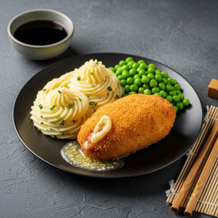 Delectable Gluten-Free Polish Chicken Kiev with Garlic Mashed Potatoes and Creamy Green Peas