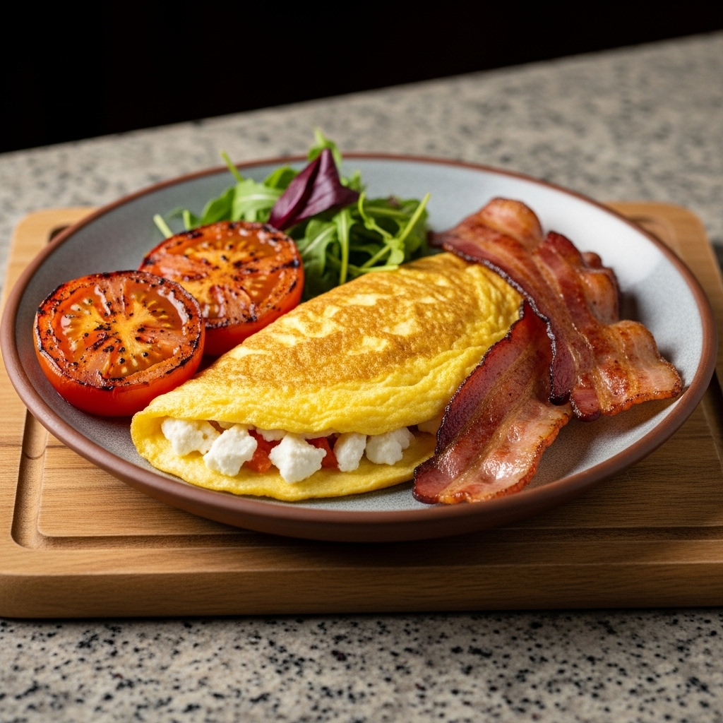 Delectable Greek Paleo Breakfast Platter: Aromatic Feta-Stuffed Omelette with Succulent Grilled Tomatoes and Crispy Bacon